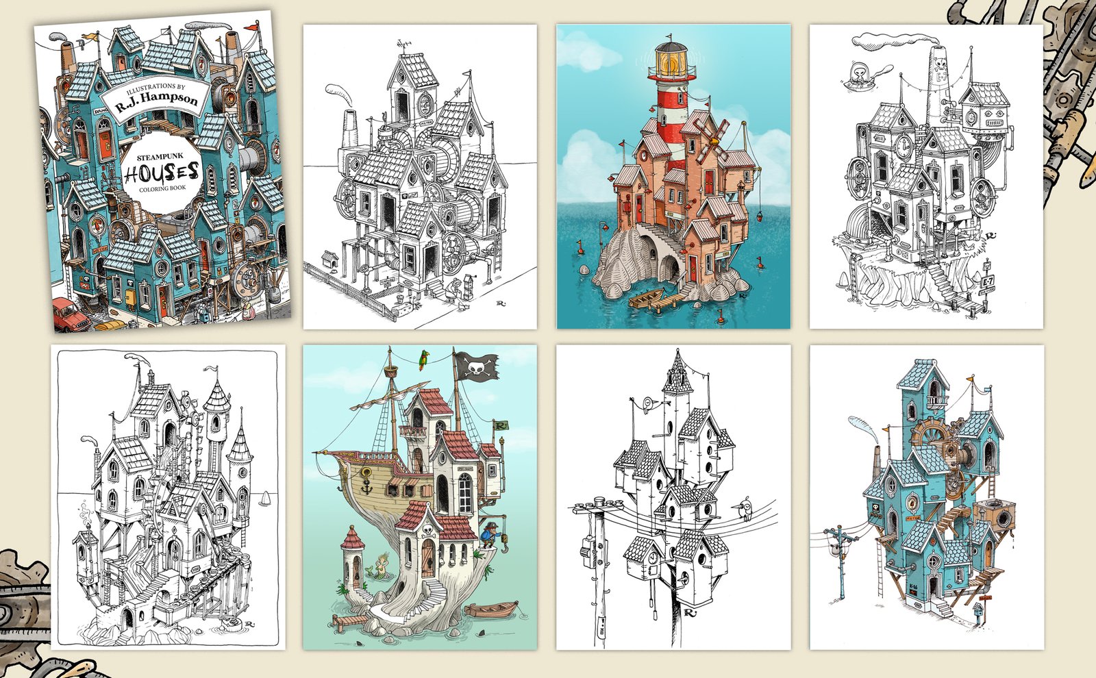 Steampunk Houses Coloring Book preview images