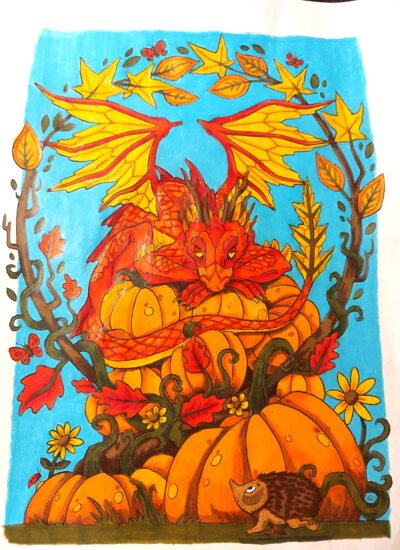 Pumpkin Thief colored with tomboy and waterbased markers, prismacolor pencils and gel pens by Adriana P